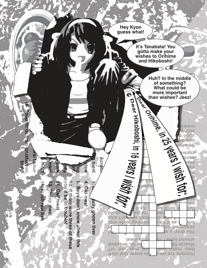 haruhi dressed as kyo kusanagi breaks out of an activity page about meat and the politics thereof to demand you fill out some paper slips with your wishes to orihime and hikoboshi. the activity page is largely obscured.